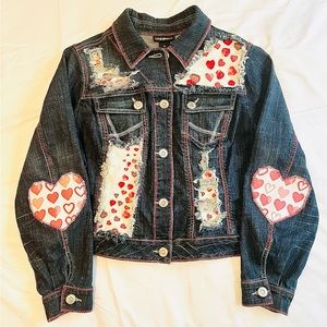 Upcycled distressed blue Jean jacket newly handmade patchwork hearts bike love